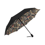Black umbrella with a colorful pattern on a white background