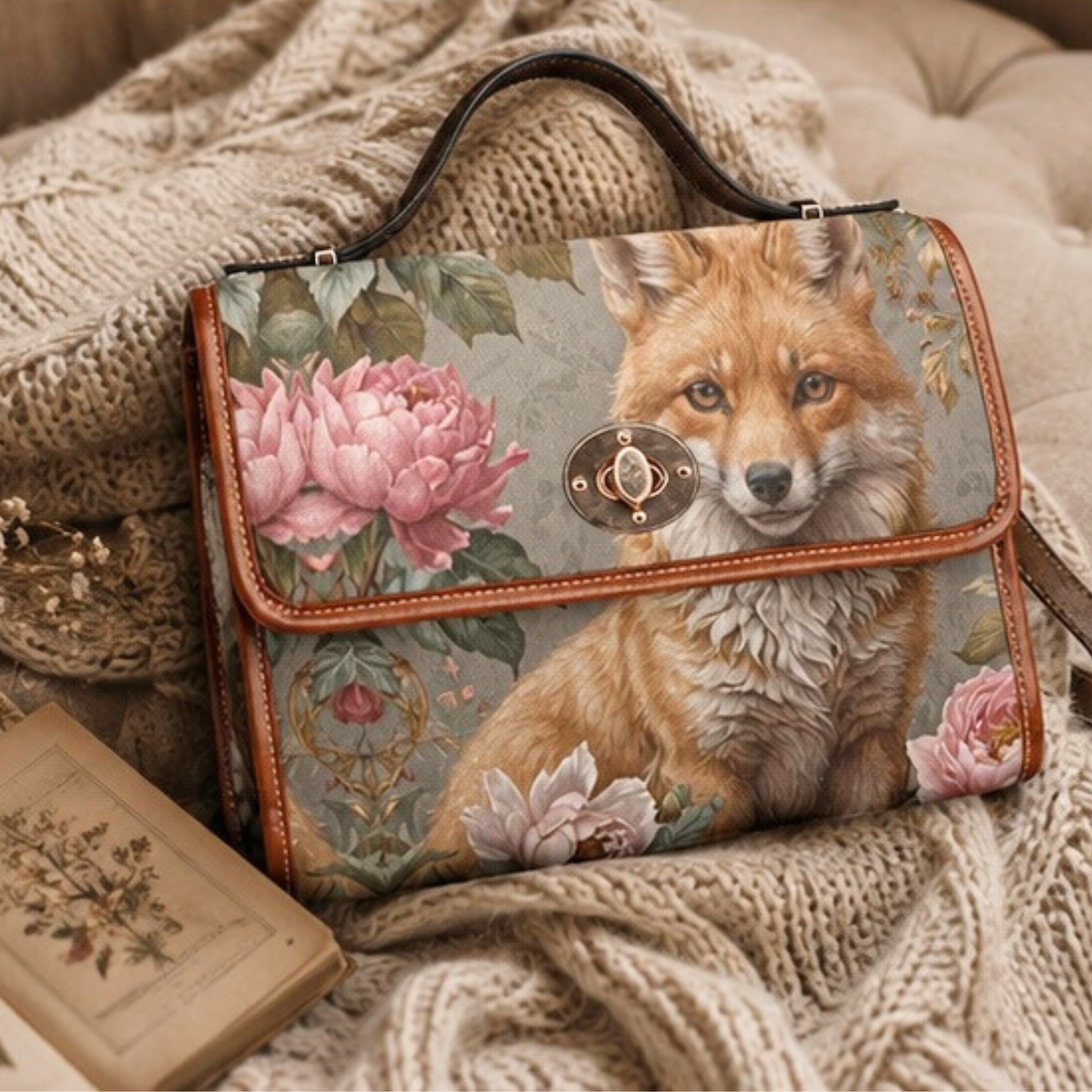 Handbag with fox and floral design on a textured surface