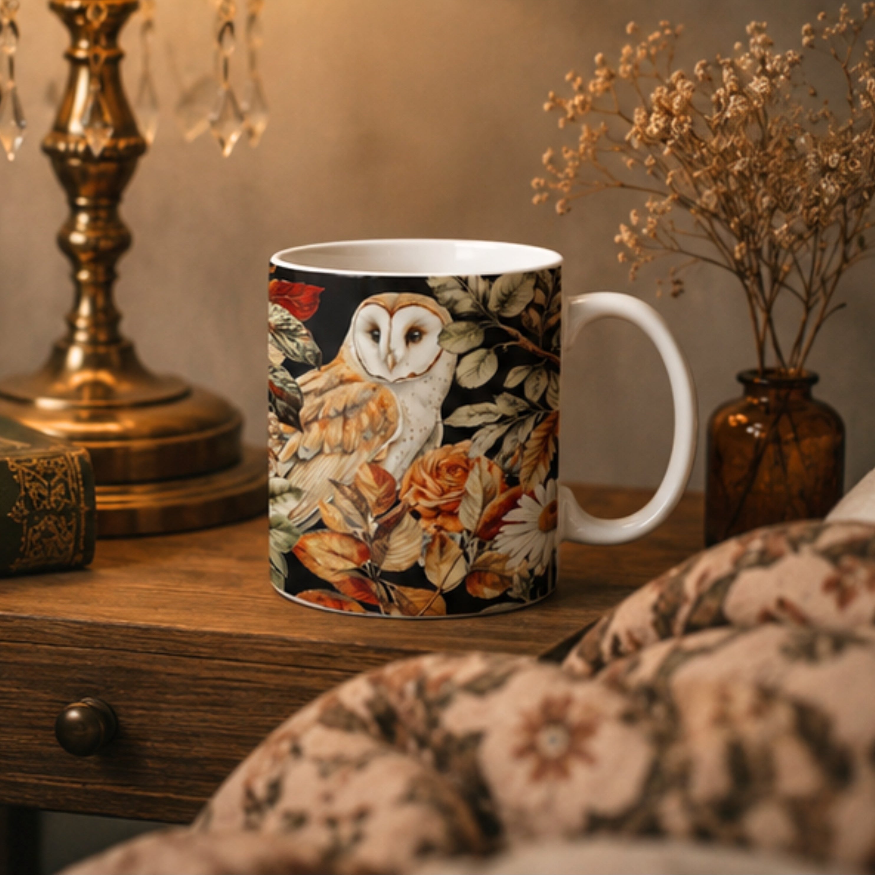 Mug with owl and floral design on a wooden surface with decorative items.