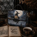 A witch-themed handbag with a printed illustration of a witch riding a broomstick under a full moon, styled on a dark rustic table with an open book, a cup of tea, and dried flowers.