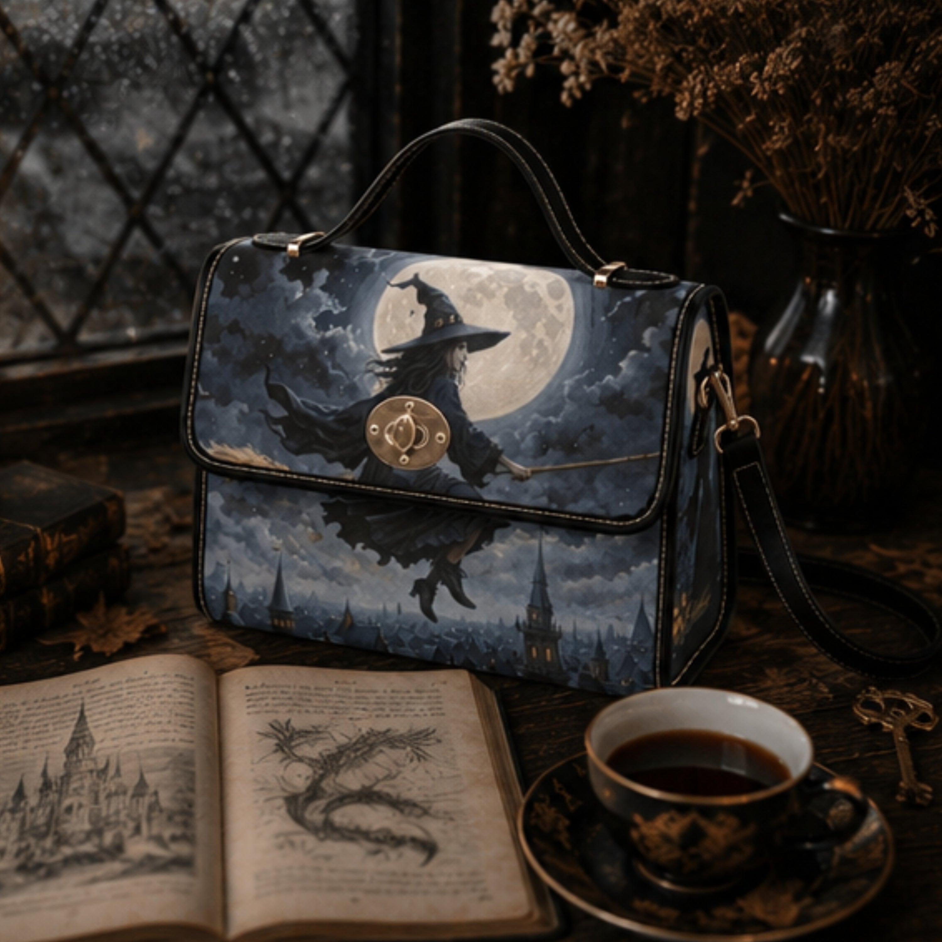A witch-themed handbag with a printed illustration of a witch riding a broomstick under a full moon, styled on a dark rustic table with an open book, a cup of tea, and dried flowers.