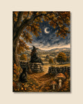 A vertical art print depicting a witch sitting on a stone wall under a crescent moon, with a black cat, mushrooms, and an autumn landscape. The print is shown against a light beige background with a subtle drop shadow.