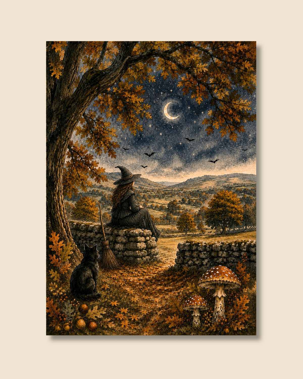 A vertical art print depicting a witch sitting on a stone wall under a crescent moon, with a black cat, mushrooms, and an autumn landscape. The print is shown against a light beige background with a subtle drop shadow.
