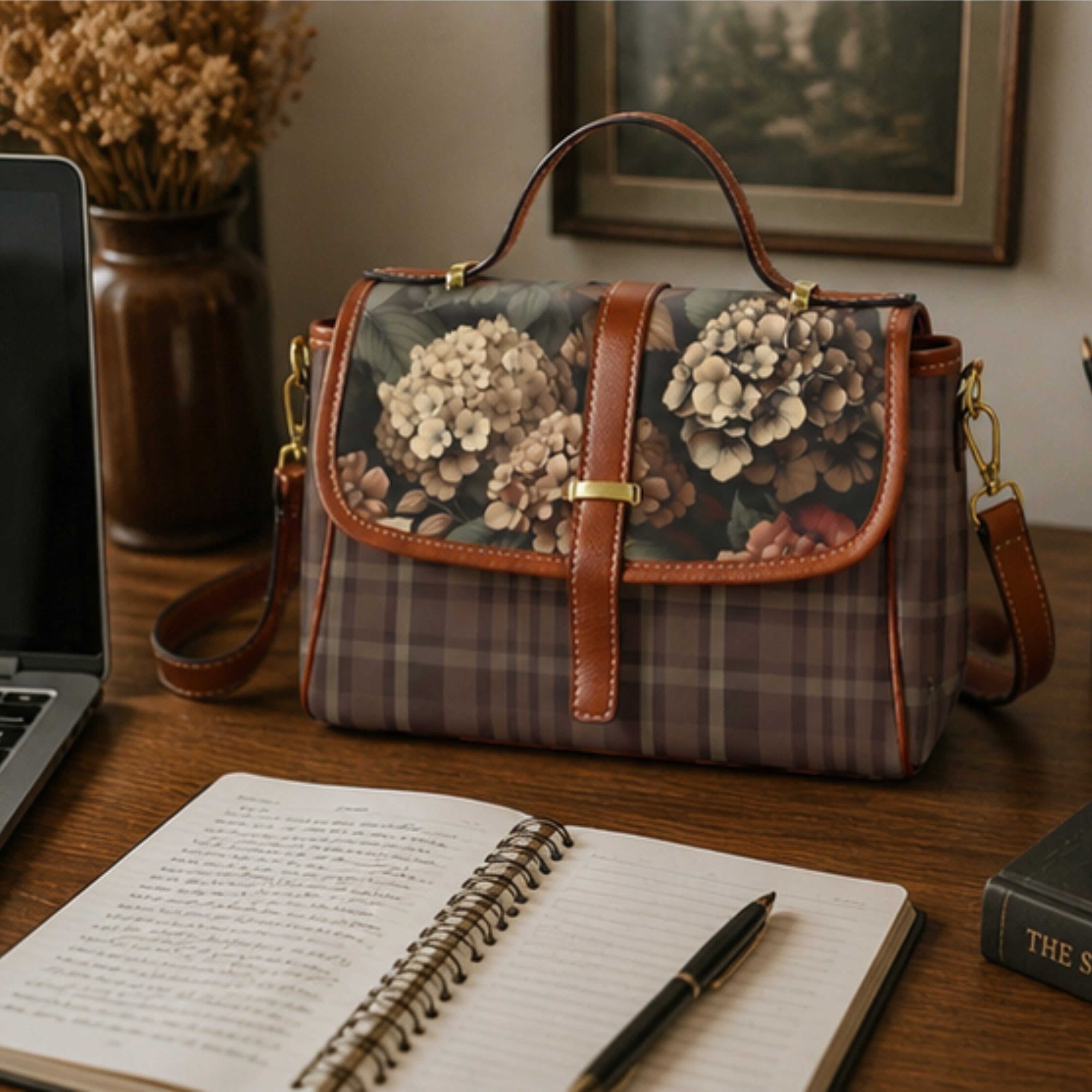 Floral-patterned handbag on a desk with an open notebook and pen