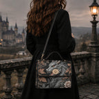 A woman in a black coat stands on a stone terrace with a castle and lamp in the background, wearing a structured shoulder bag with a dark dragon illustration, autumn leaves, and a gold crest.