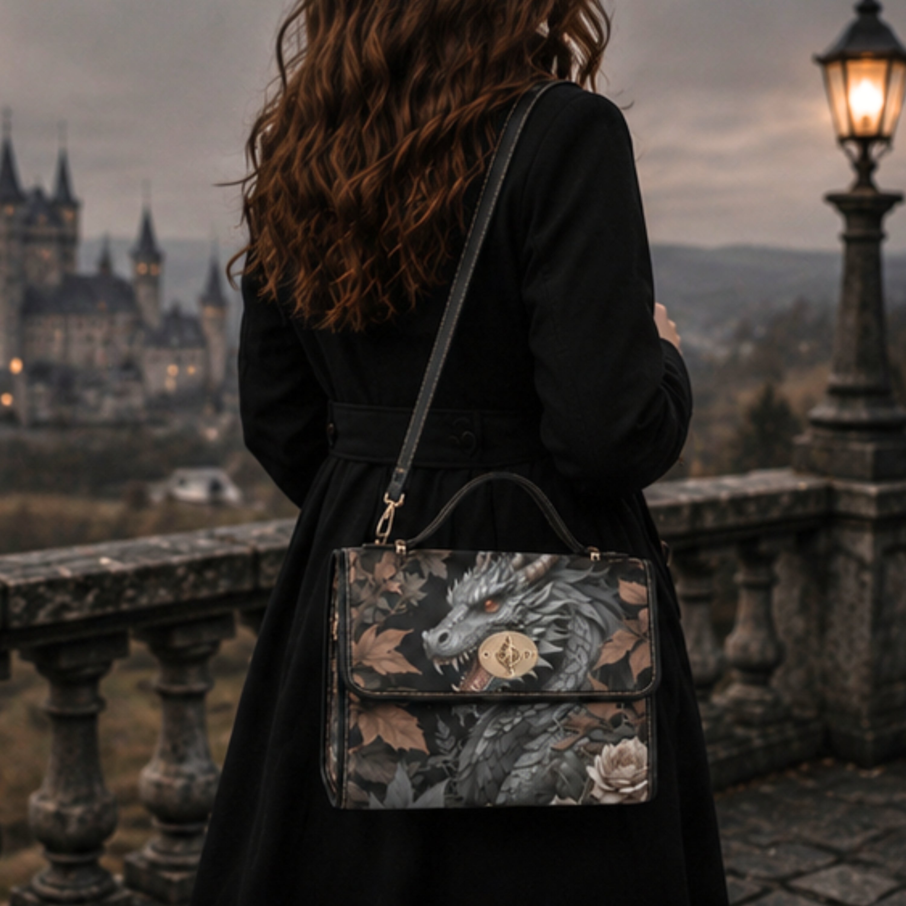 A woman in a black coat stands on a stone terrace with a castle and lamp in the background, wearing a structured shoulder bag with a dark dragon illustration, autumn leaves, and a gold crest.