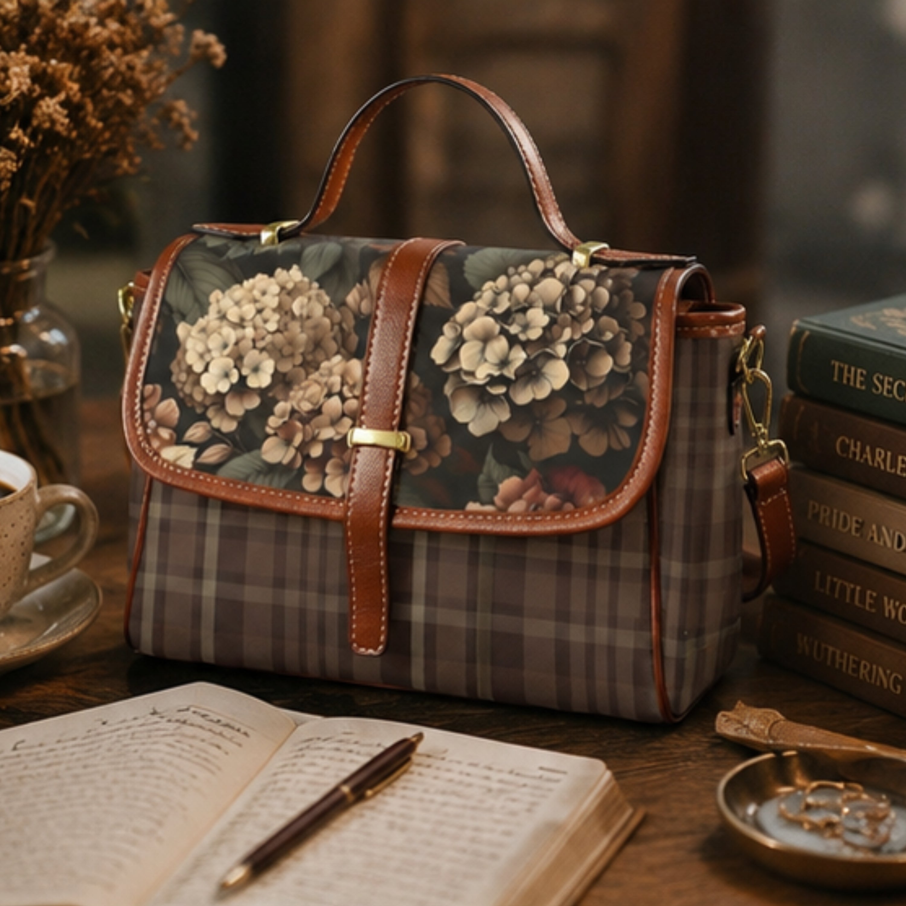 Floral-patterned handbag on a table with books and a cup of coffee.