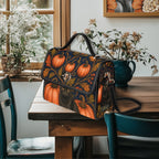 A structured handbag with a dark navy background and a detailed orange and brown autumn pumpkin pattern, displayed on a wooden dining table in a cozy room setting.
