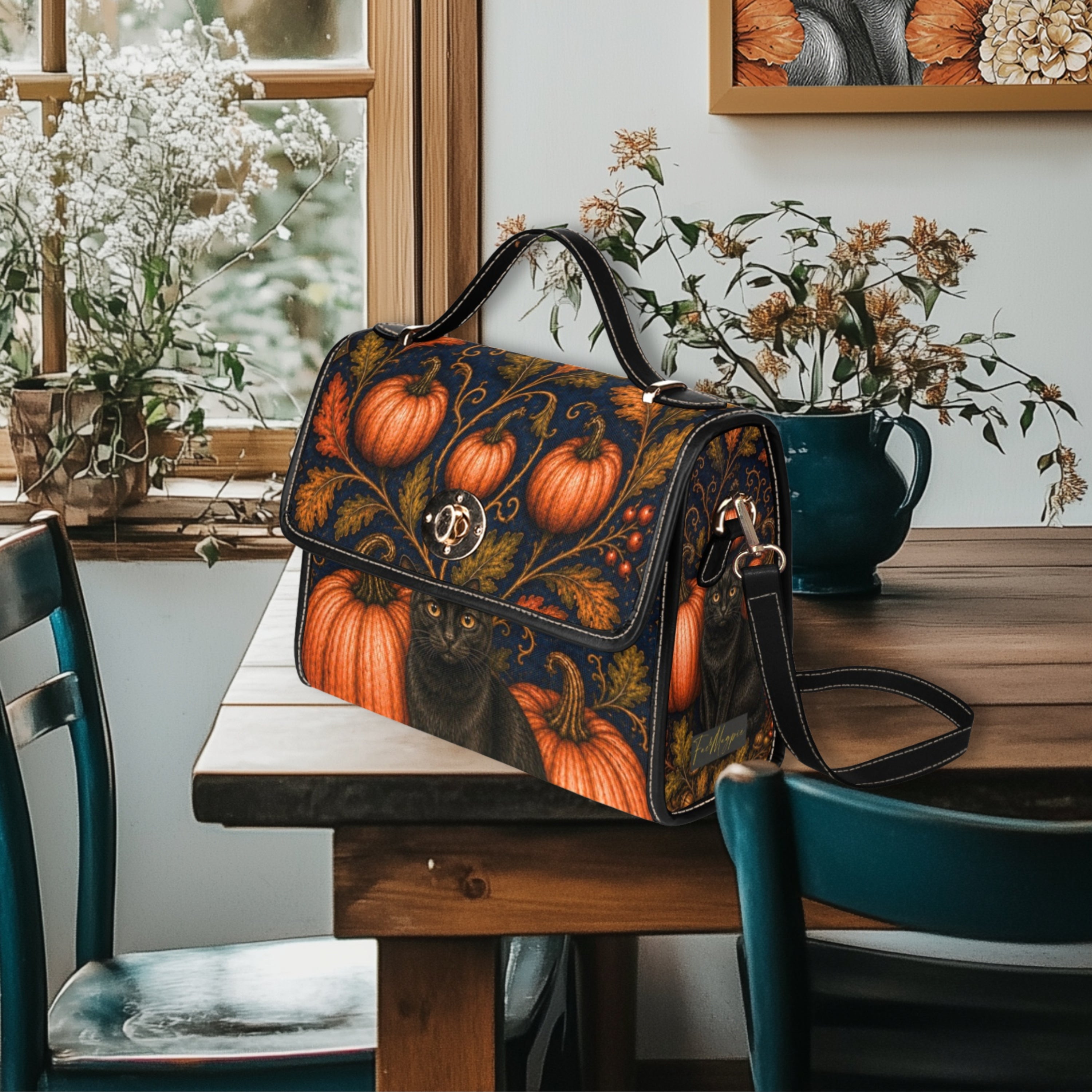 A structured handbag with a dark navy background and a detailed orange and brown autumn pumpkin pattern, displayed on a wooden dining table in a cozy room setting.