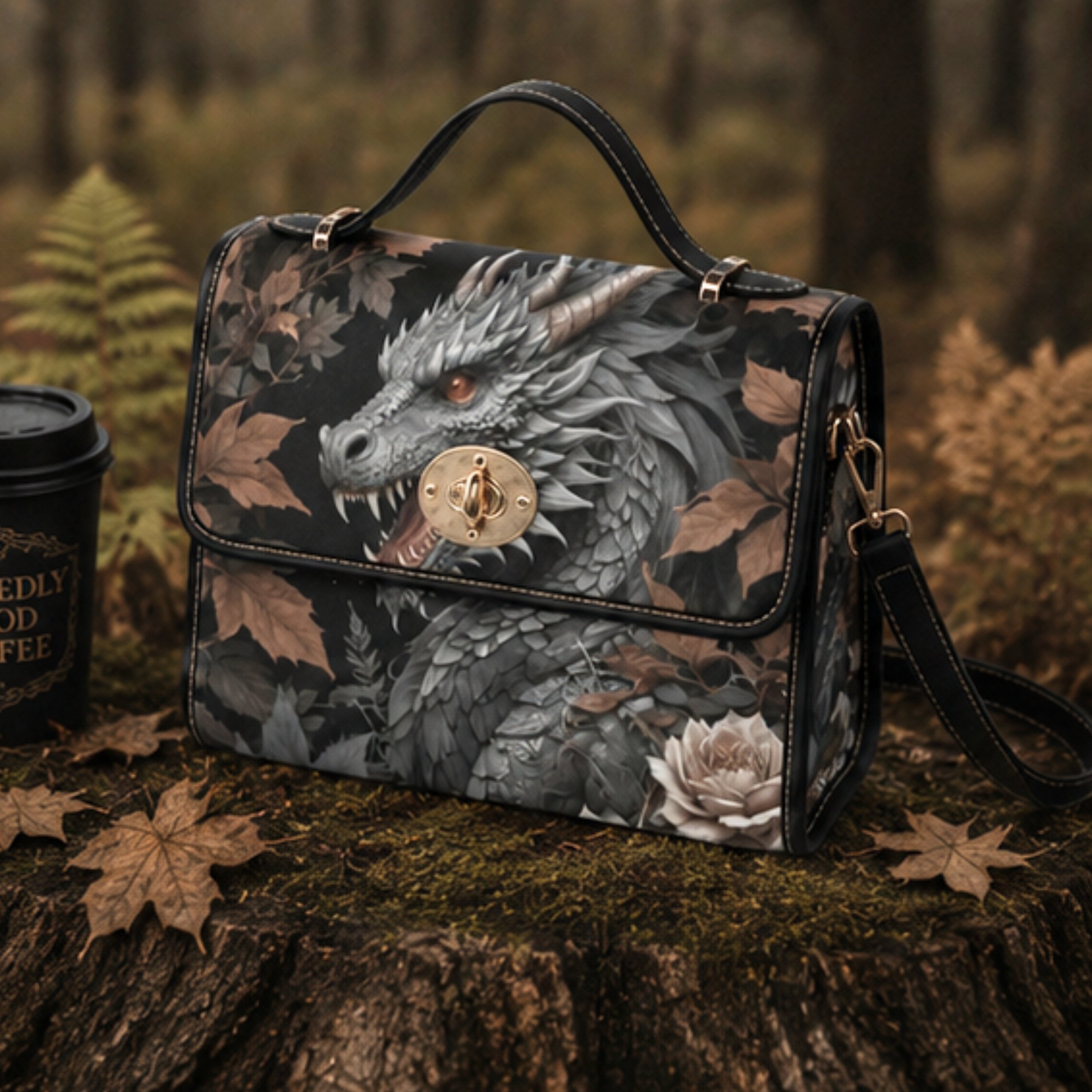 A structured handbag with a dark fantasy dragon illustration, resting on a mossy tree stump in a forest setting. A black coffee cup is visible on the left side of the frame.