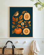 Sparrow and Pumpkins Art Print