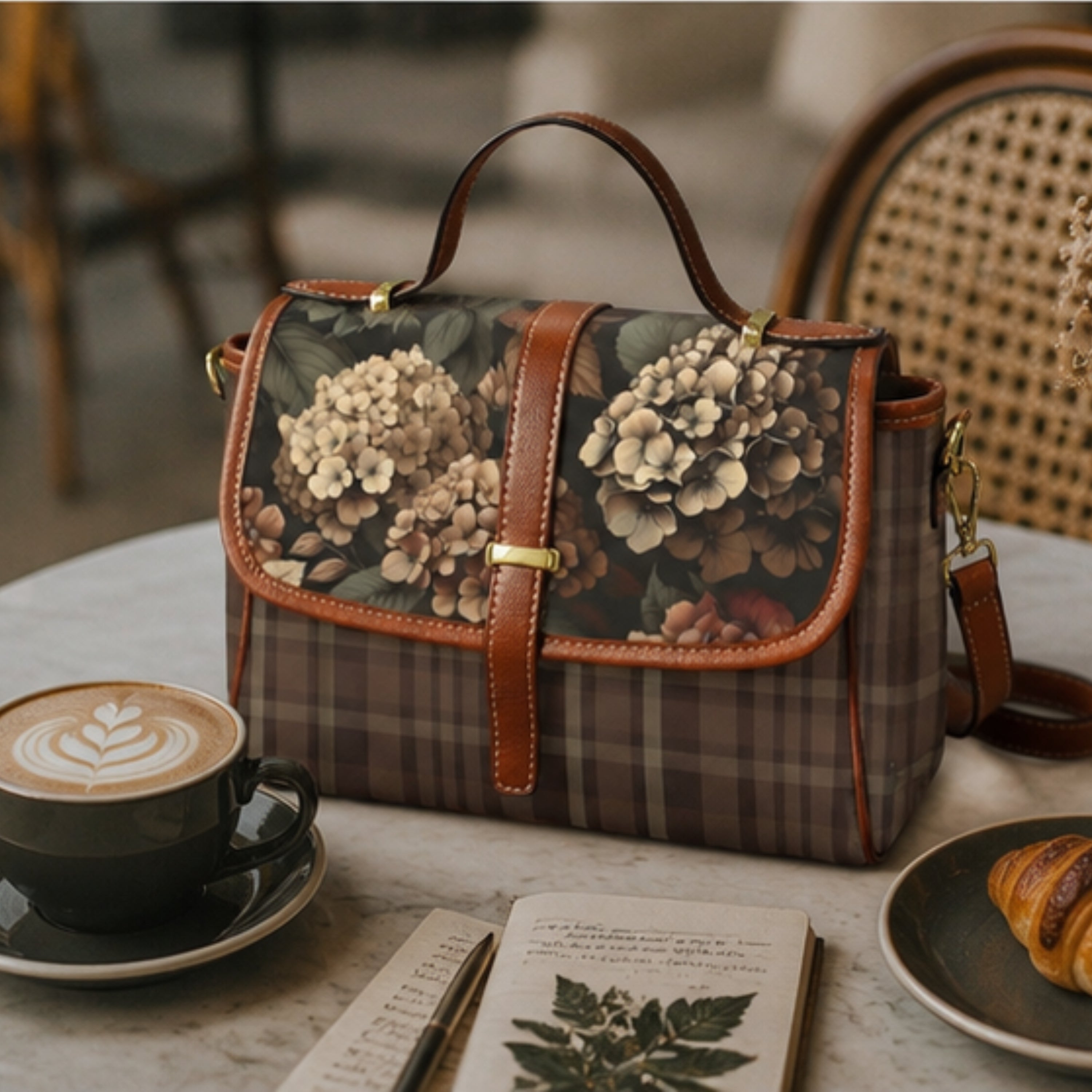 Floral-patterned handbag on a table with a coffee cup and pastry