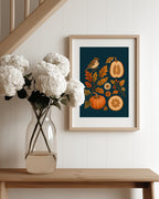 Sparrow and Pumpkins Art Print
