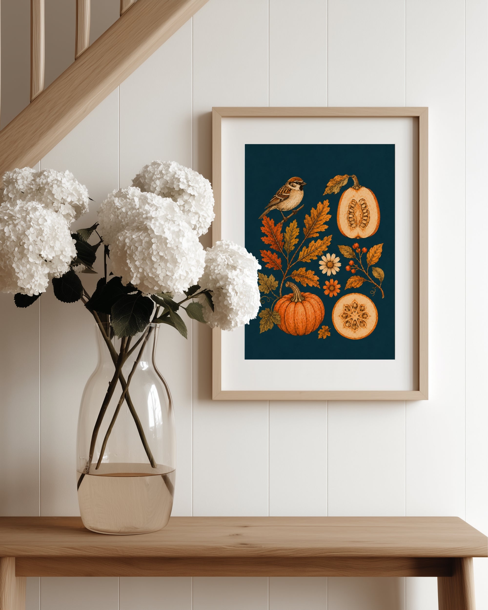 Sparrow and Pumpkins Art Print