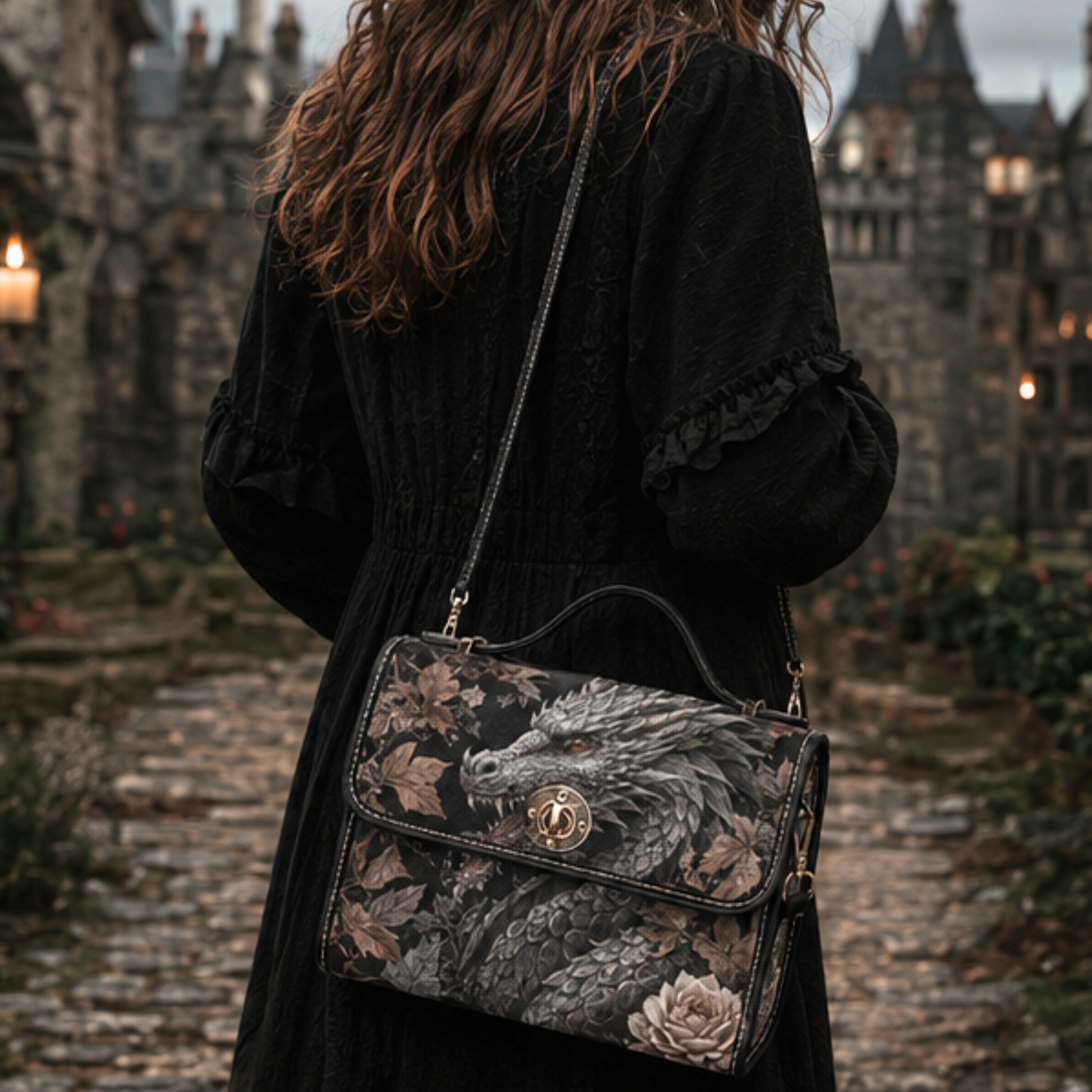 A woman in a black dress seen from behind, carrying a structured black shoulder bag with a detailed dragon illustration and gold hardware, set against a gothic castle background.