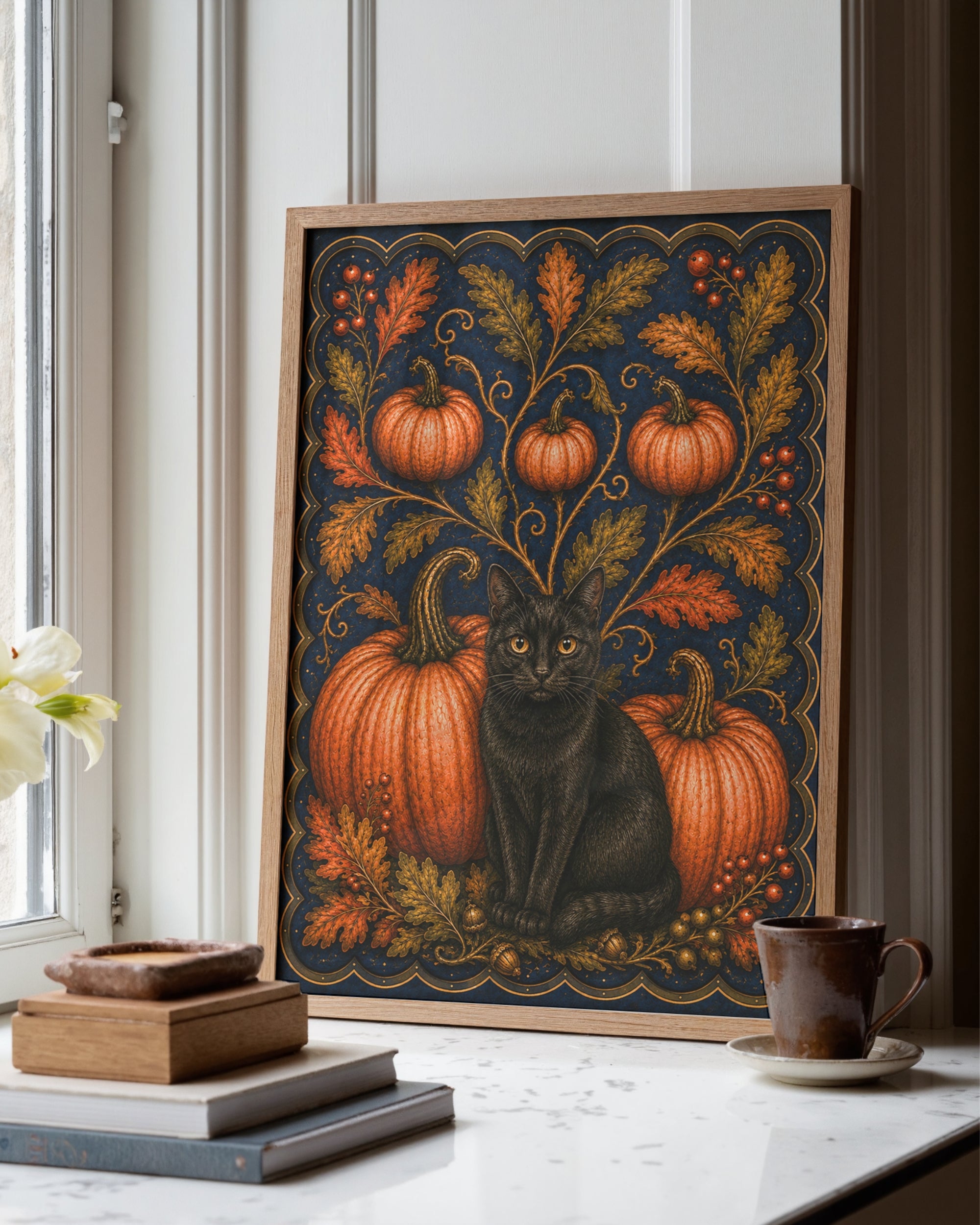 Black Cat & Pumpkins Art Print