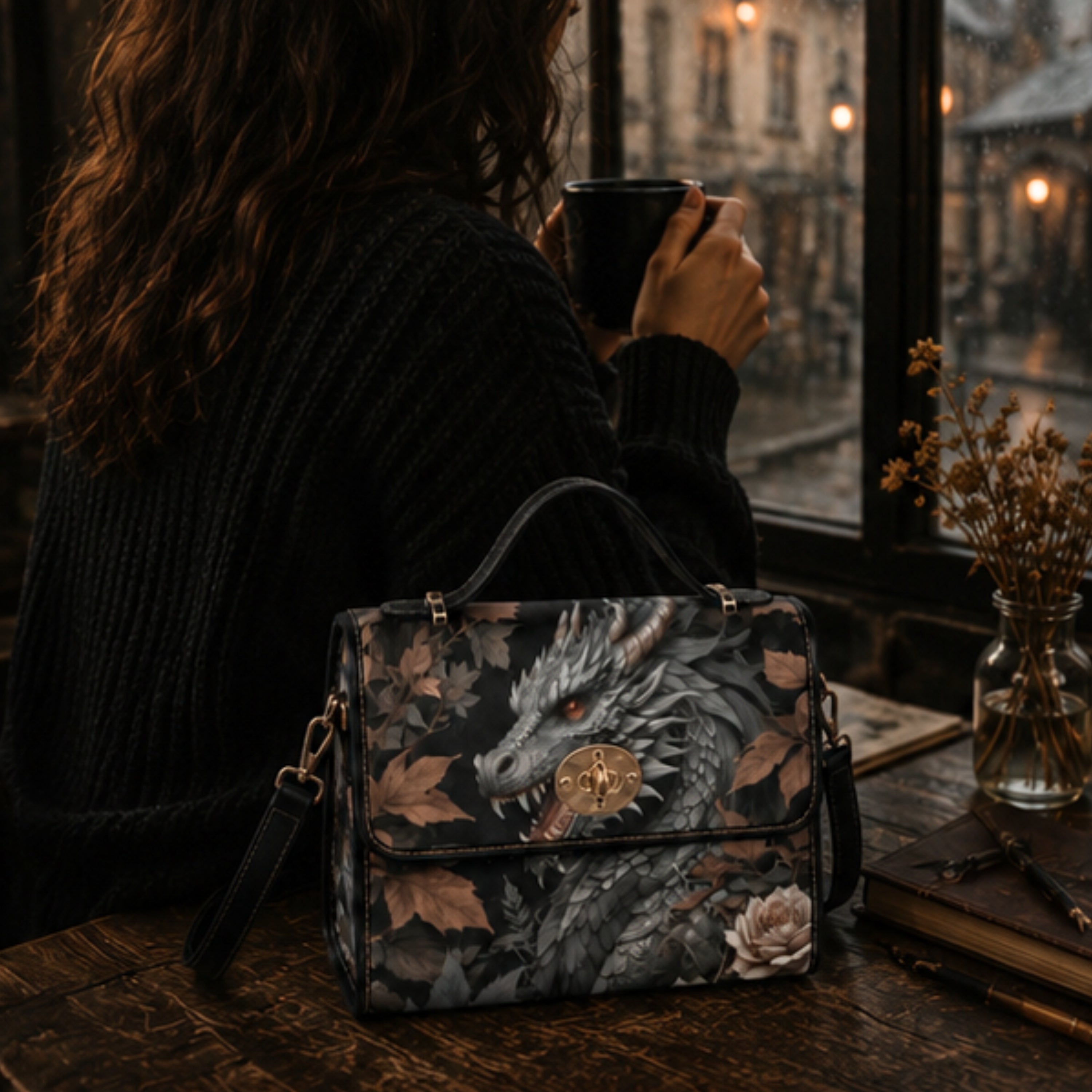 A woman in a black knit sweater sits by a window holding a mug, with a structured handbag placed on the table in front of her. The bag has a dark dragon and floral print in gray, brown, and black tones with a gold clasp.