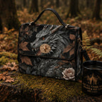 A structured black handbag with a detailed dragon illustration and autumn leaves, placed on a mossy log in a forest setting next to a black mug.