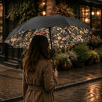 Person holding a patterned umbrella in an urban setting with lights and plants.