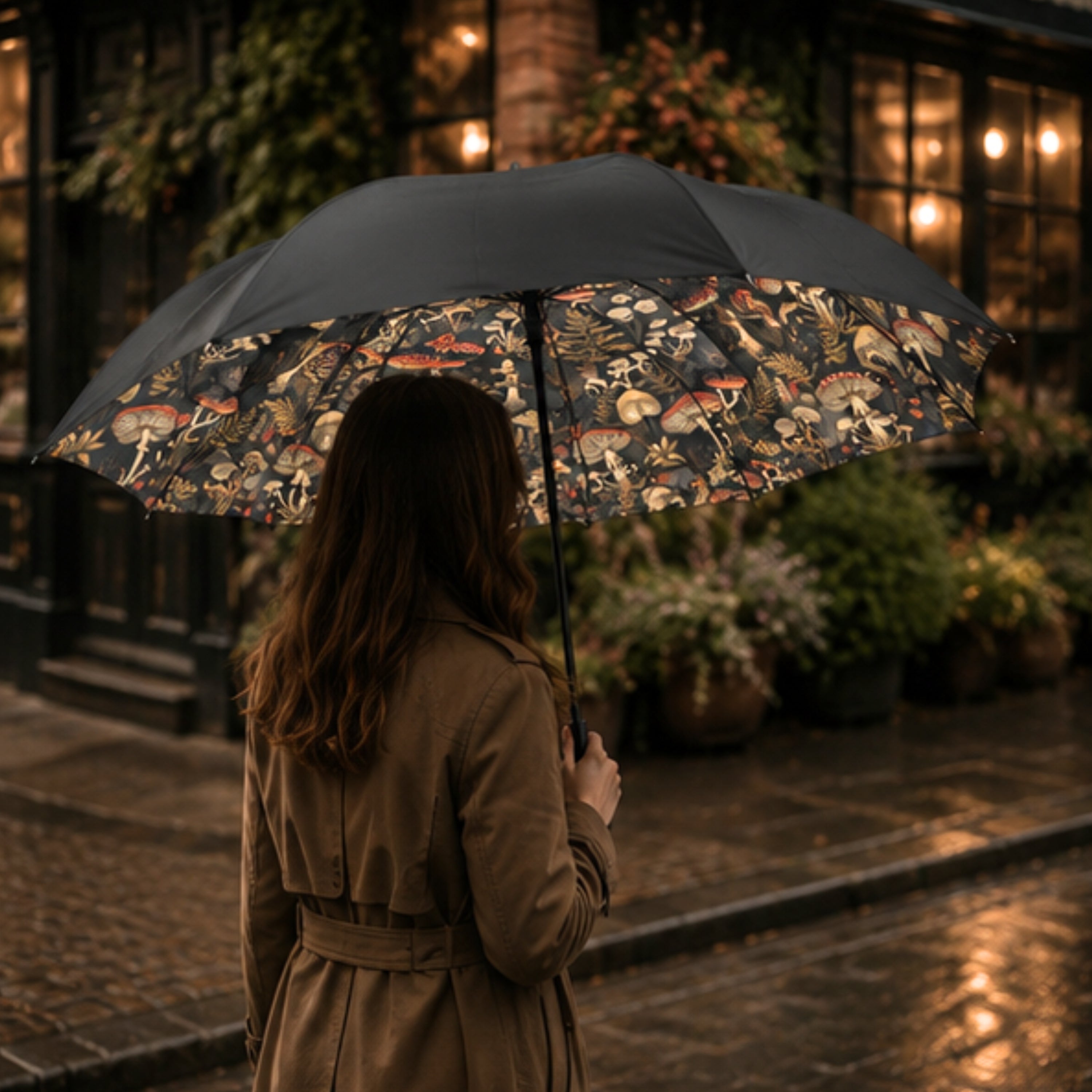 Person holding a patterned umbrella in an urban setting with lights and plants.