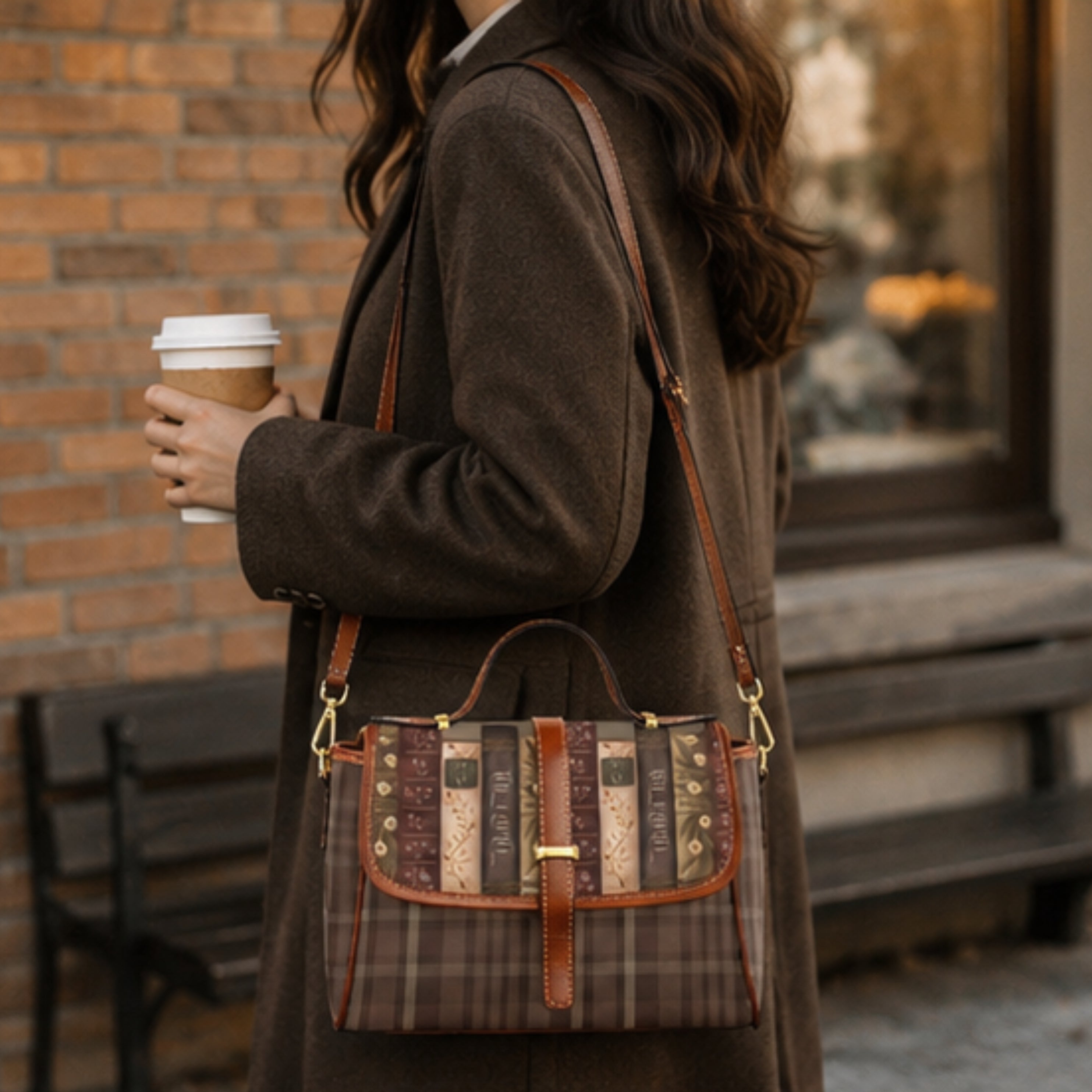 Person holding a coffee cup with a patterned handbag in an urban setting