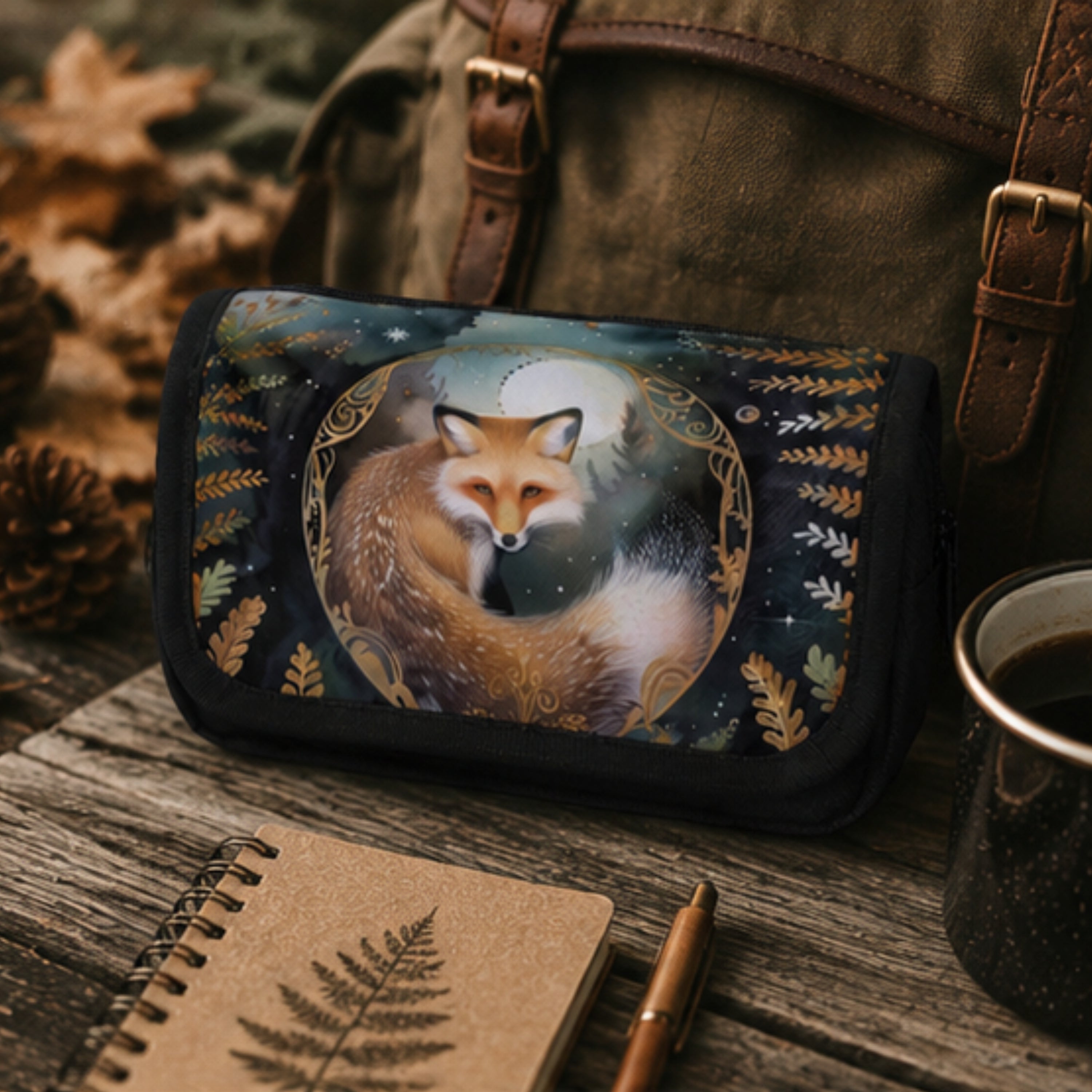 Handbag with a fox design on a wooden surface with a notebook and coffee cup.