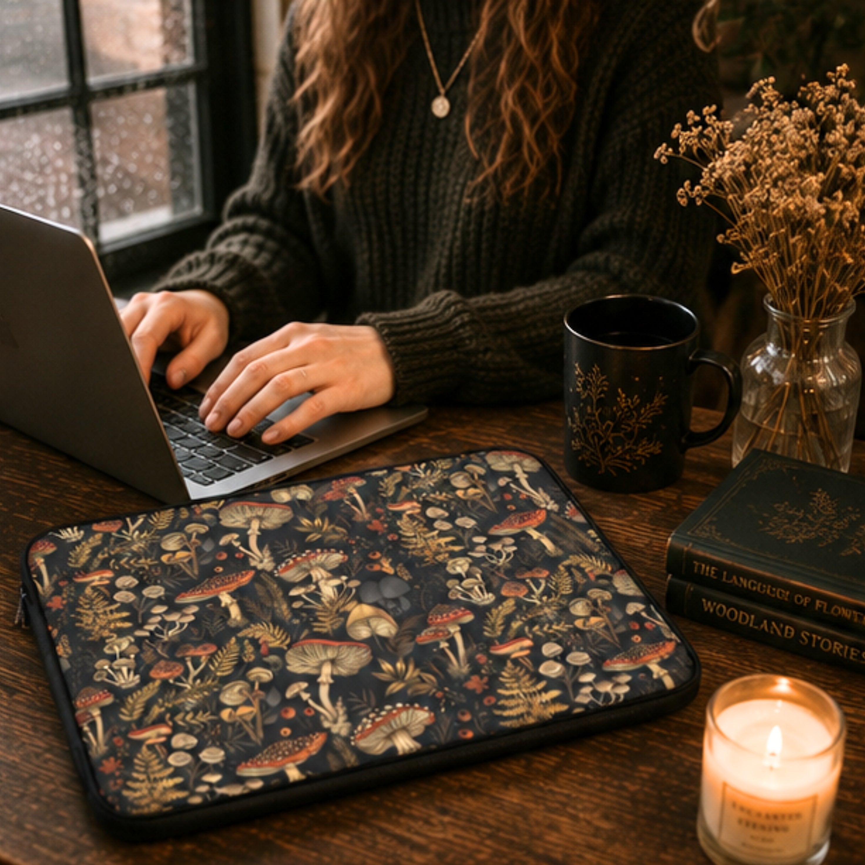 Person using a laptop with a floral laptop sleeve on a wooden table, next to a mug and candle.