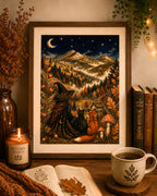 A framed art print featuring a whimsical autumn mountain landscape with a witch, fox, and cat under a starry night sky, styled on a wooden table with a candle, mug, books, and dried flowers.