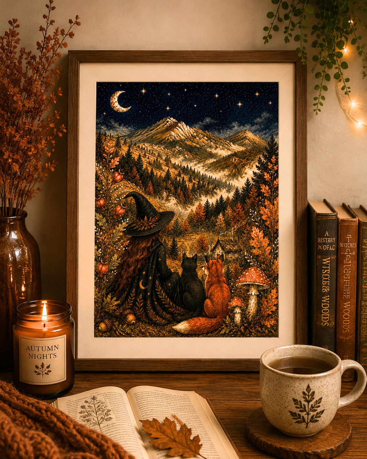 A framed art print featuring a whimsical autumn mountain landscape with a witch, fox, and cat under a starry night sky, styled on a wooden table with a candle, mug, books, and dried flowers.