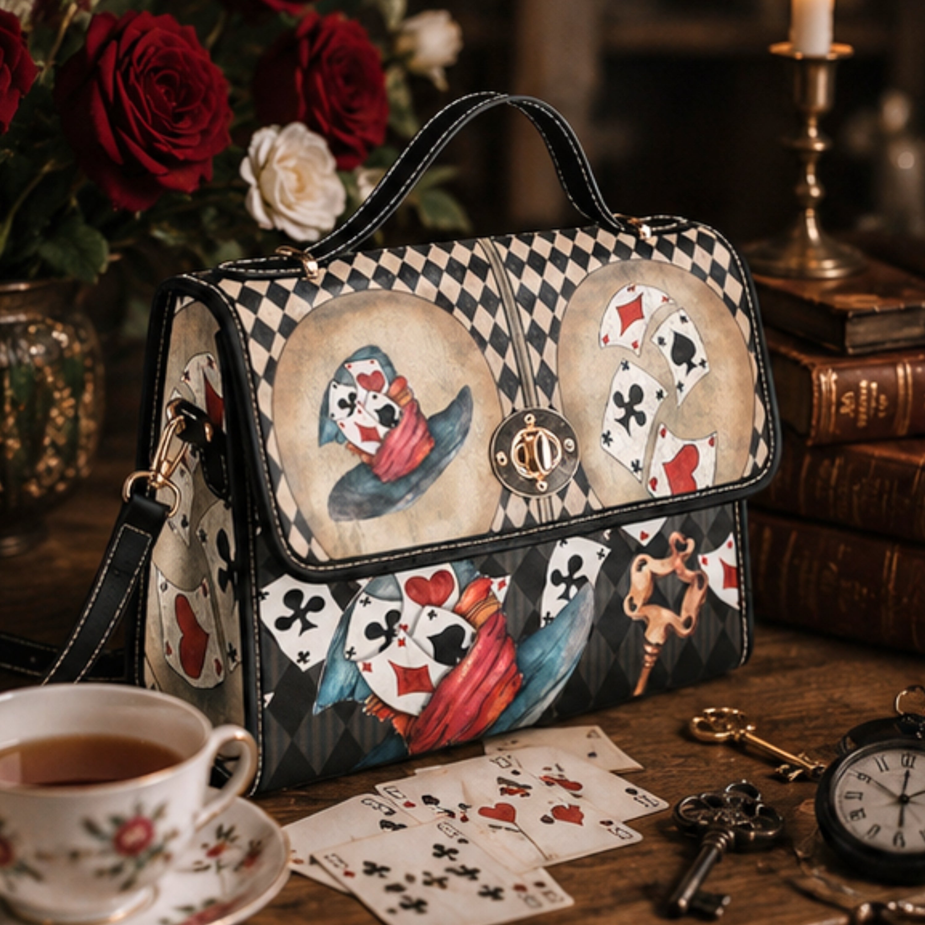 Handbag with playing card design on a table with tea and keys
