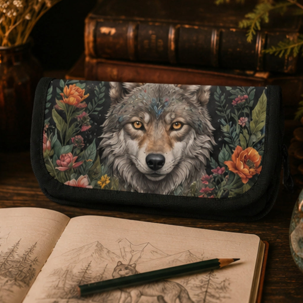 Wristlet with wolf design on a table with an open book and pencil
