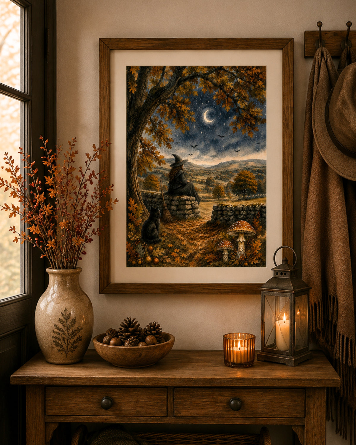 A framed art print depicting a witch sitting on a stone wall under a full moon and autumn trees, styled on a wooden console table with a vase, pinecones, a candle, and a lantern in a cozy room setting.