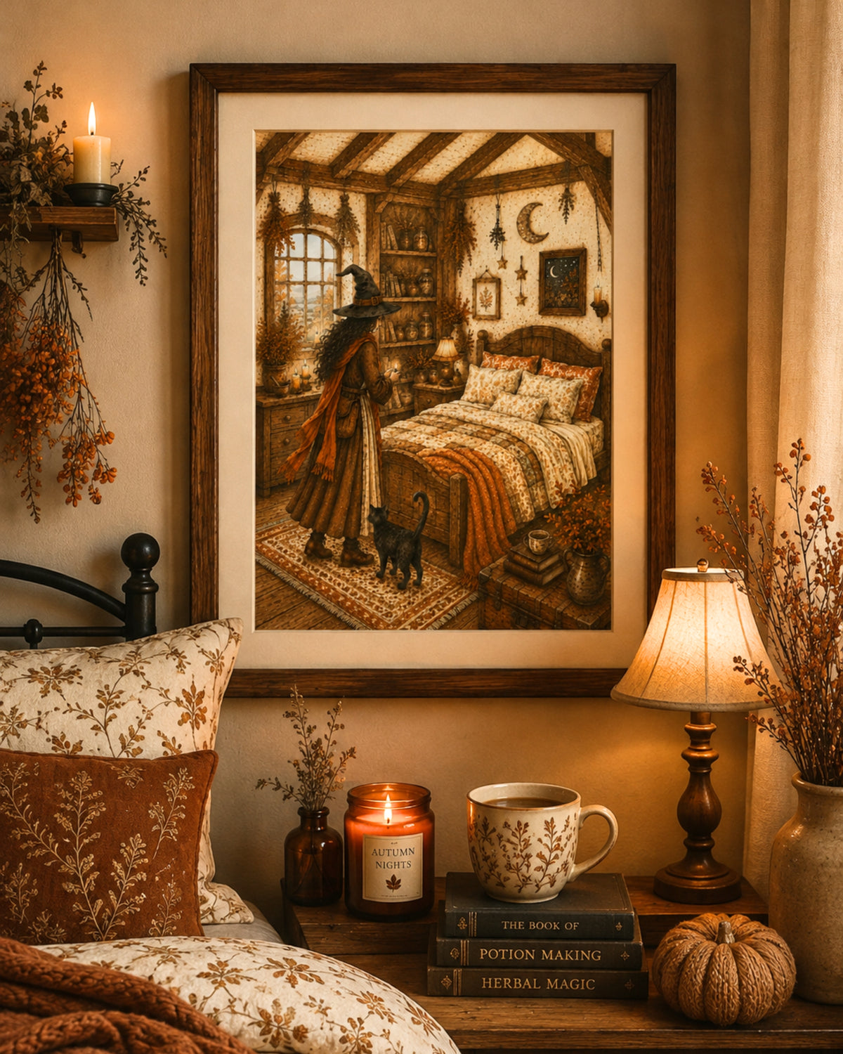 A framed art print depicting a witch in a rustic bedroom with a black cat, styled in a cozy, warm-toned bedroom setting with a bed, lamp, and candles.