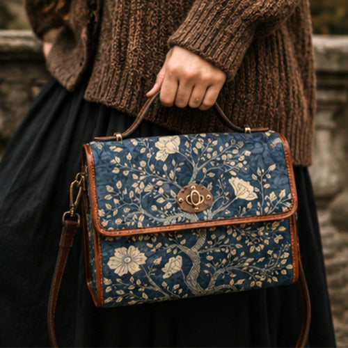 Person holding a blue floral-patterned handbag with brown leather accents.