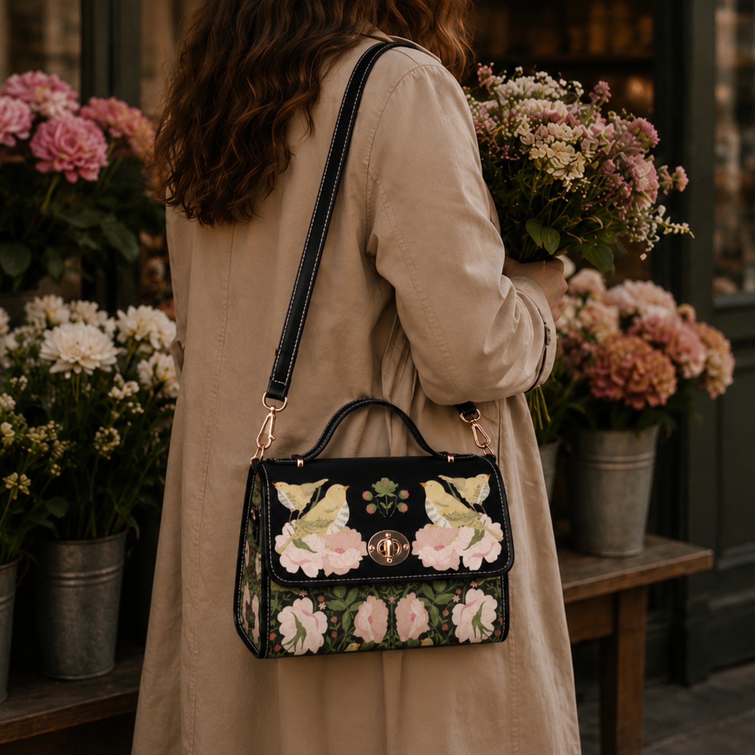 Person holding a floral handbag with flowers in the background