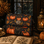 A dark navy handbag with an autumn-themed print featuring pumpkins, leaves, and a black cat, styled on a rustic wooden table with an open book, a lit candle lantern, and dried flowers.