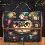 Handbag with a cat and clock design on a dark background