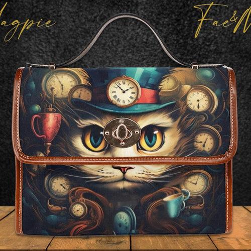 Handbag with a cat and clock design on a dark background