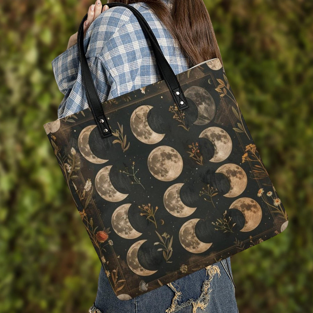Moon Phase Faux Leather Tote Bag