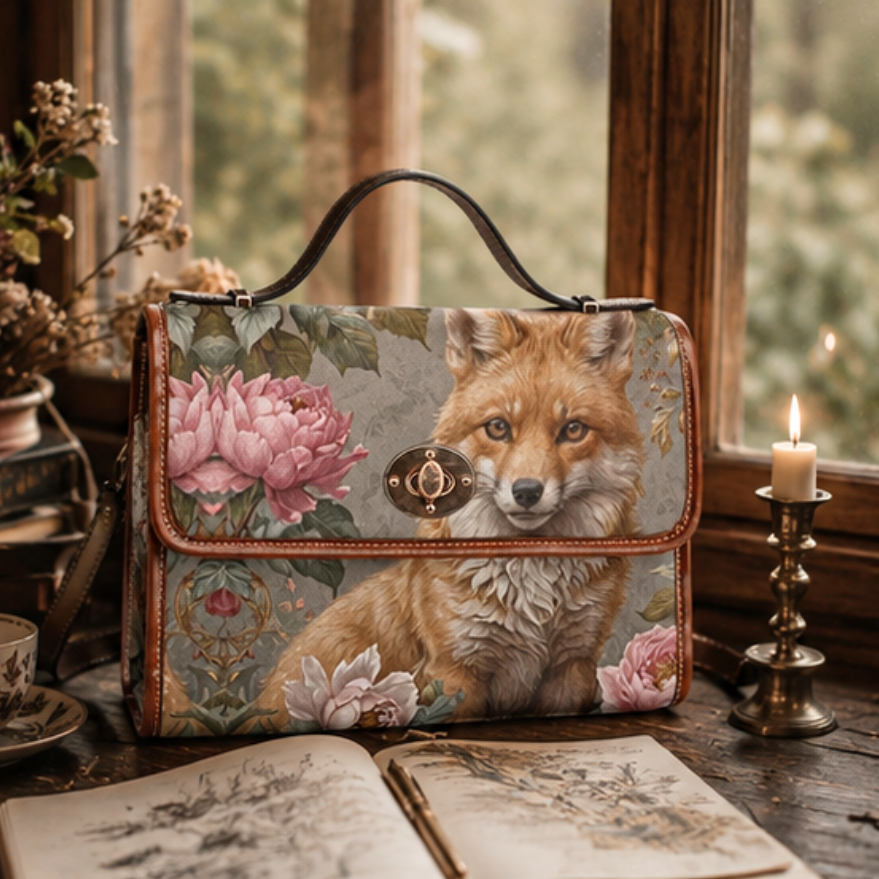 Handbag with fox and floral design on a wooden table with books and a candle.