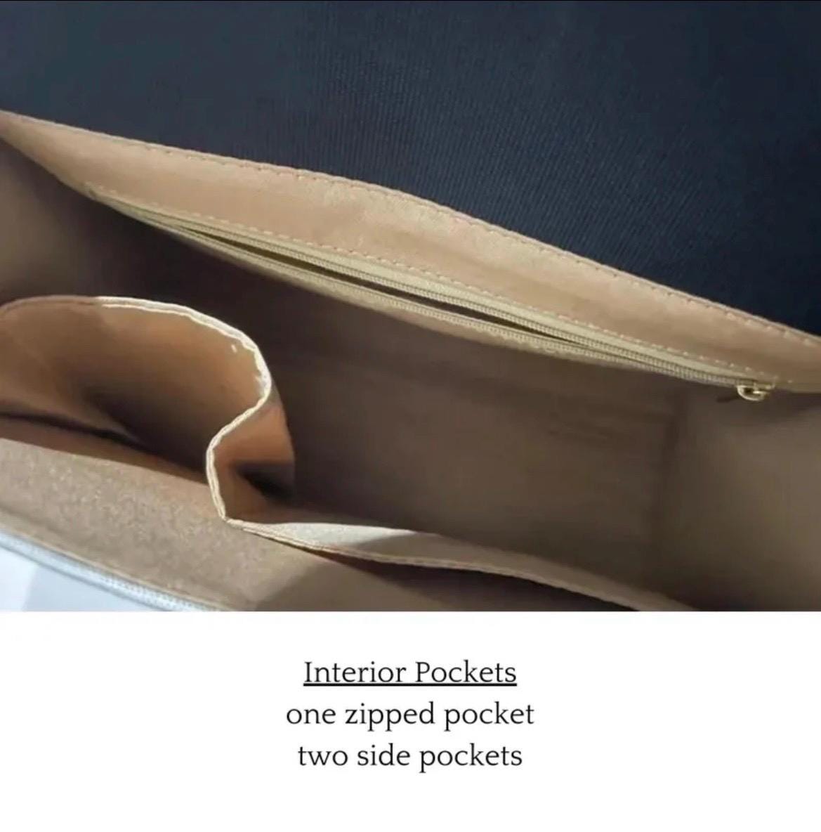 Close-up of a brown bag with interior pockets labeled on a dark background