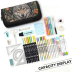 Assorted stationery items including a floral-patterned pouch, markers, scissors, and rulers on a white background.