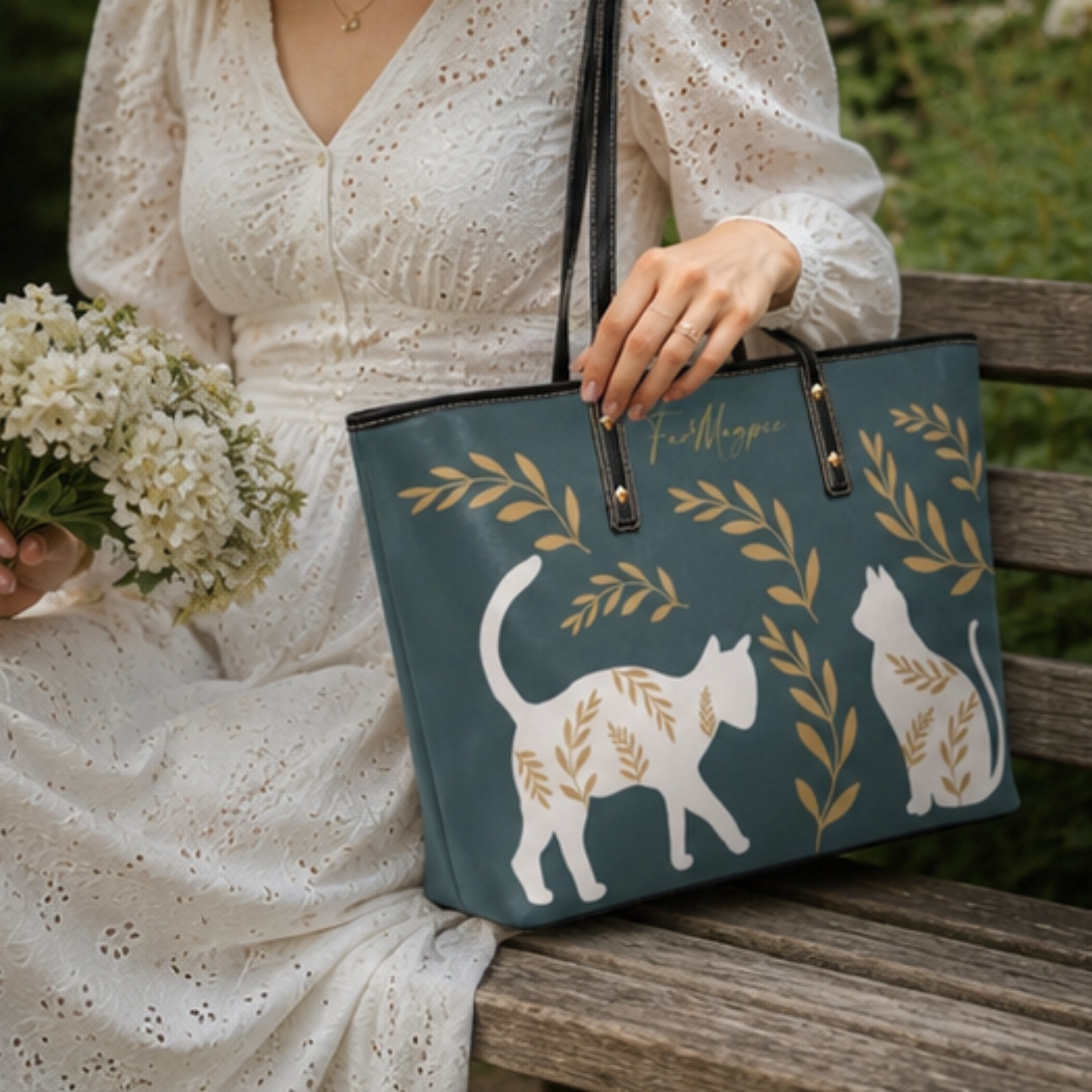 A woman in a white eyelet dress sits on a wooden bench holding a teal tote bag with white cat silhouettes and gold leaf motifs. The bag has black handles and a gold script logo that reads 'forHappyness'.