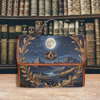 Handbag with a night sky design featuring mountains and moon, placed on a wooden surface with a bookshelf background.