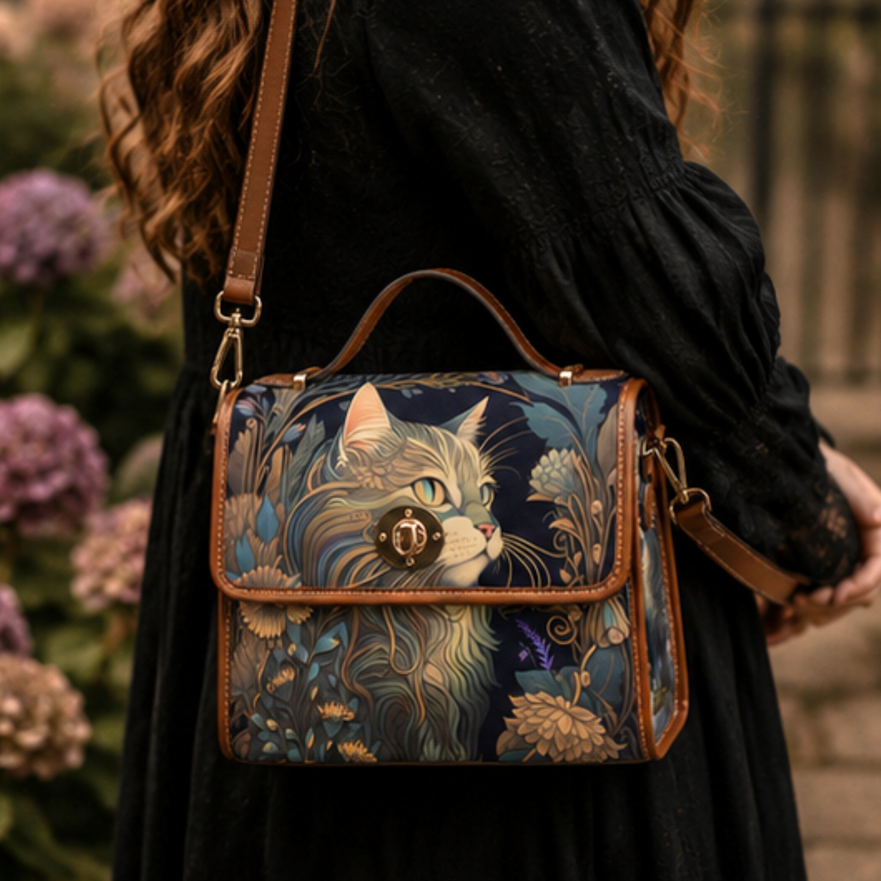 Person holding a handbag with a cat design, surrounded by flowers.