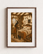 A framed art print featuring a cozy, vintage-style witch's bedroom scene with a witch in a pointed hat standing by a bed next to a black cat. The print is presented with a white mat and a dark brown wooden frame, hanging on a textured off-white wall.