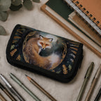 Pencil case with fox design on a table with pens and pencils