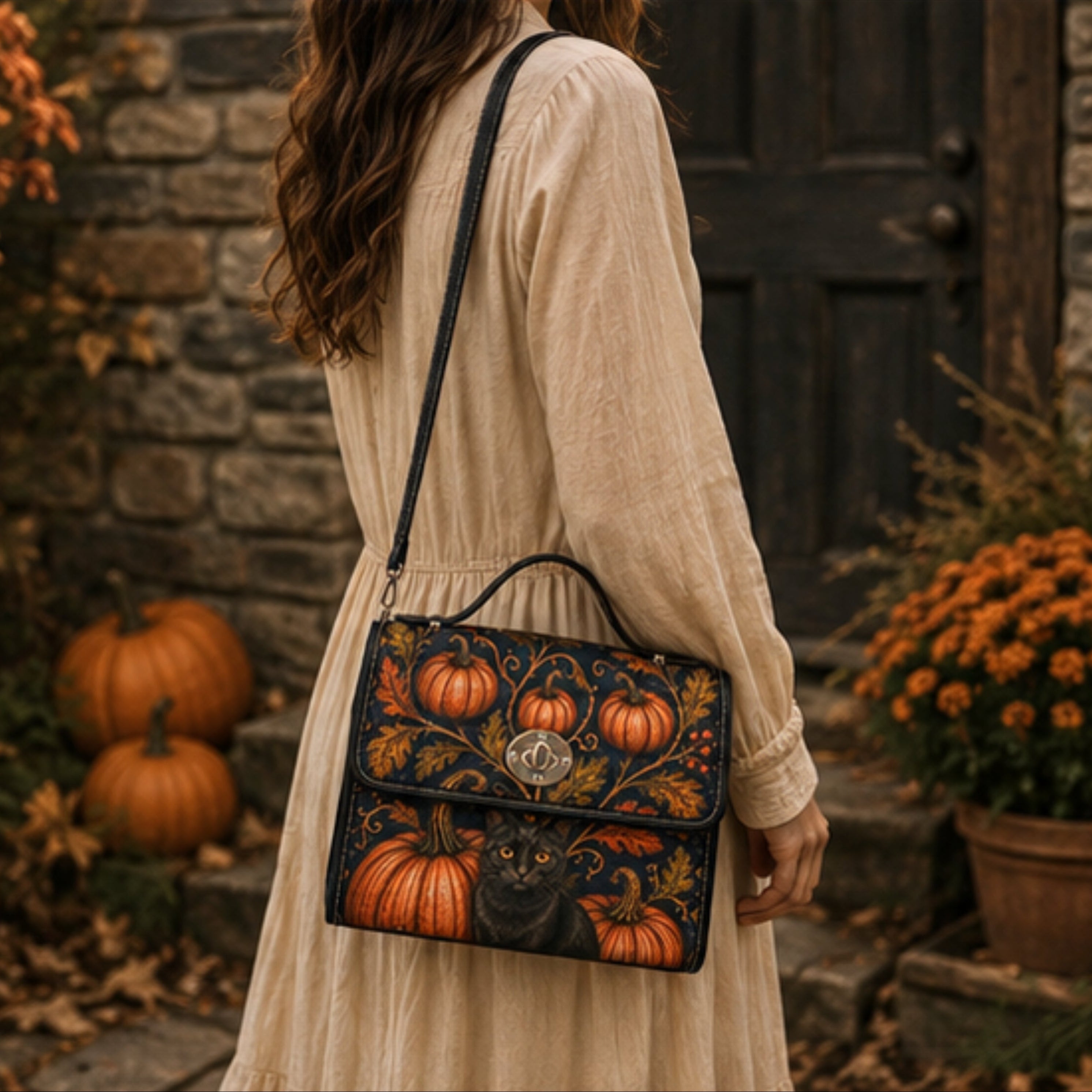 A woman in a beige dress carries a black shoulder bag decorated with a detailed autumn illustration of pumpkins, leaves, and a black cat, set against a rustic stone wall and fall garden background.