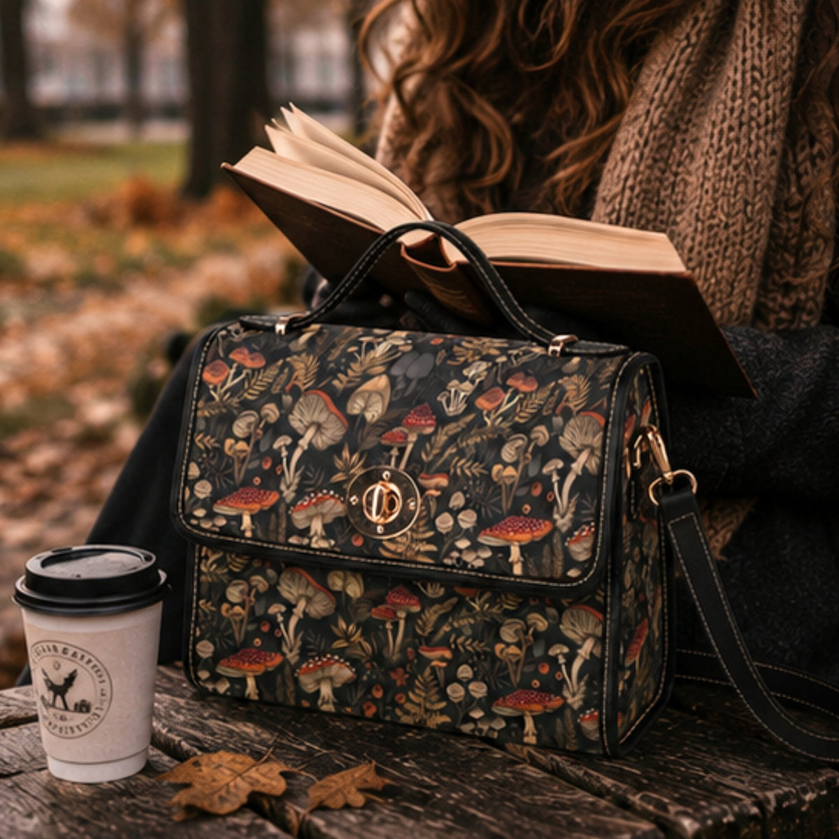 A black handbag with a detailed red, orange, and beige mushroom print sits on a wooden bench in an autumn park setting. A person in a brown knit sweater is holding an open book behind the bag, and a takeaway coffee cup is in the foreground.