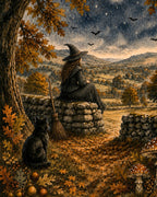 A fantasy-style autumn landscape painting showing a witch in a black hat and dress sitting on a stone wall, with a broom, a black cat, mushrooms, trees with orange leaves, and a starry night sky above.
